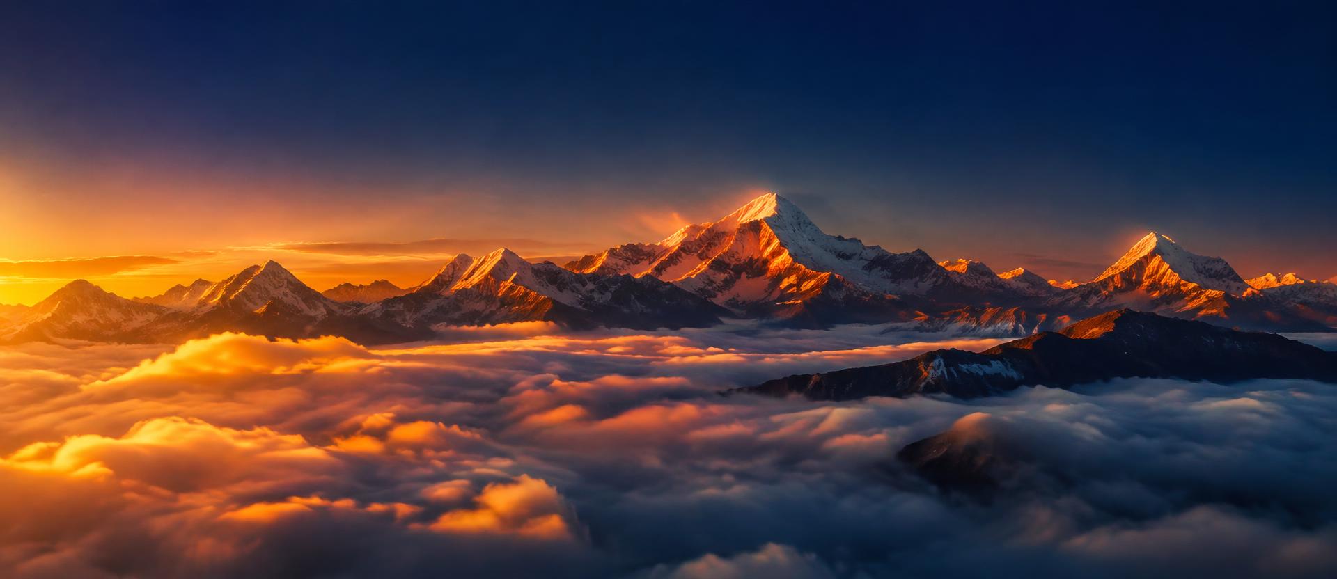 Mountain peaks at sunrise above the clouds
